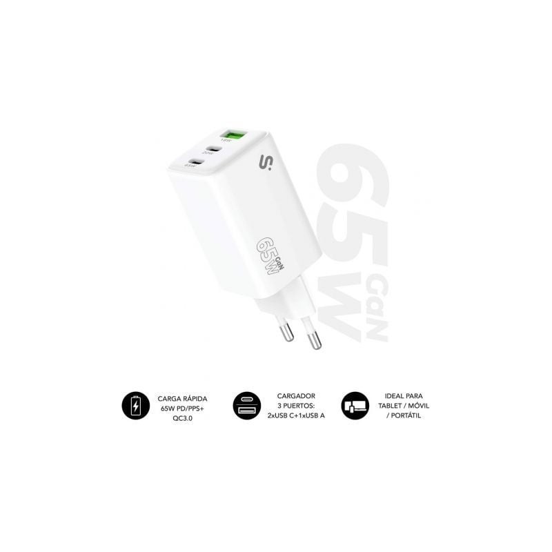 Cargador de Pared GaN Subblim 65W Charger USB C+C+A- 2xUSB Tipo-C- 1xUSB- 65W