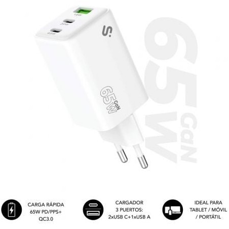 Cargador de Pared GaN Subblim 65W Charger USB C+C+A- 2xUSB Tipo-C- 1xUSB- 65W