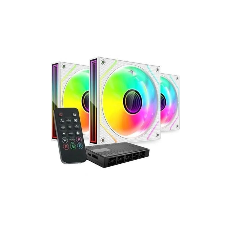 Pack 3 Ventiladores Mars Gaming MF-3DPROKIT- 12cm + HUB + Mando a Distancia- ARGB- Blanco