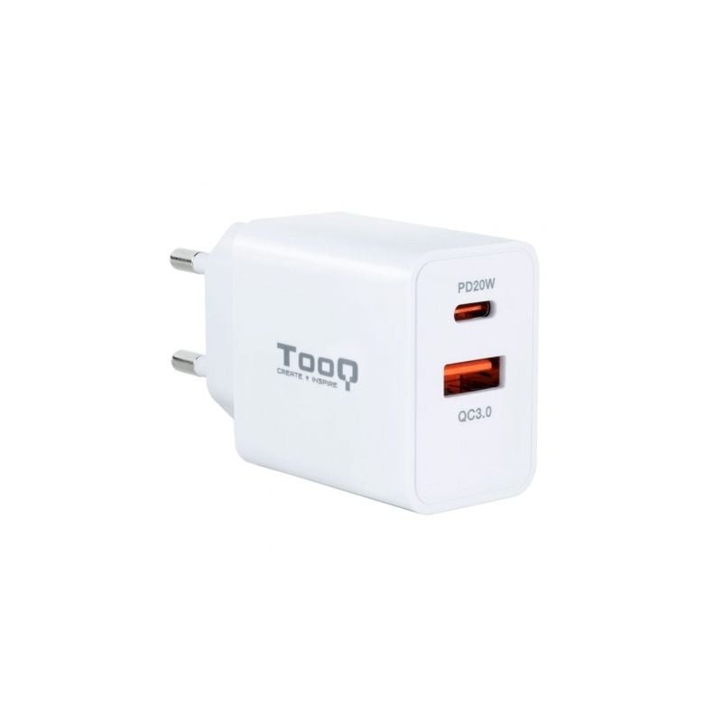 CARGADOR PARED TOOQ USB-C-PD 20W, USB-A-QC 18W BLANCO