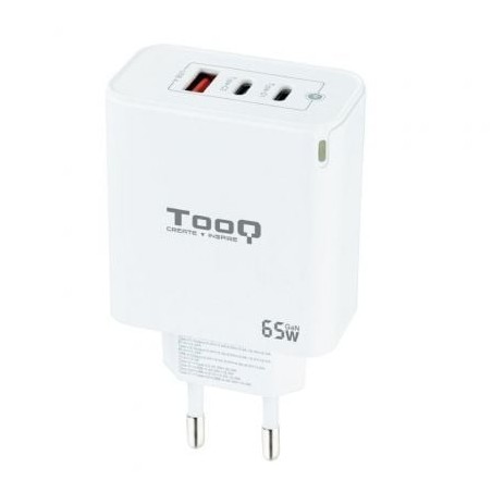 Cargador de Pared GaN TooQ TQWC-GANQC2PD65WT- 2xUSB Tipo-C- 1xUSB- 65W