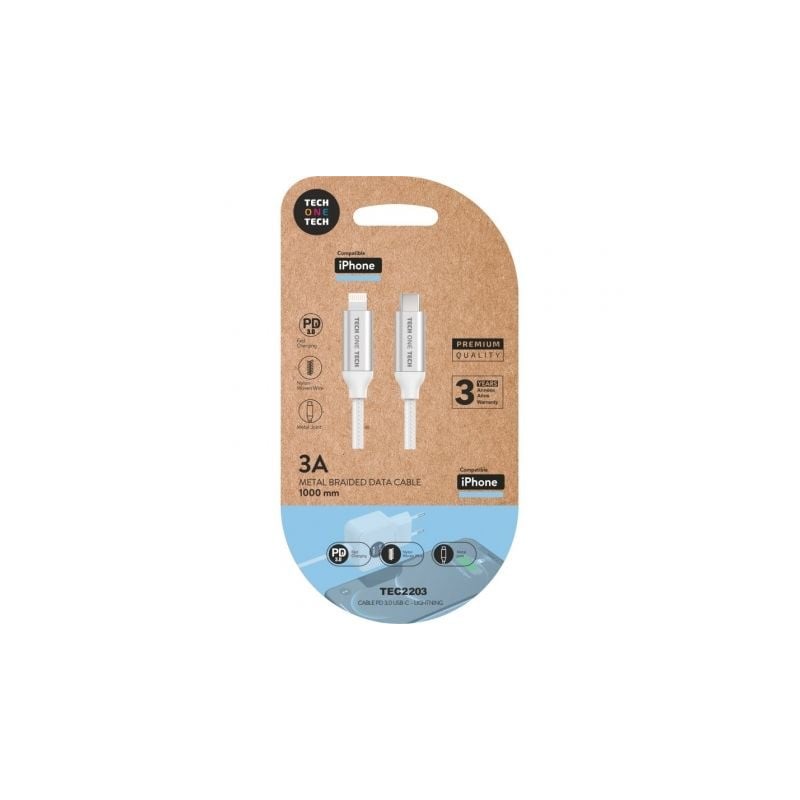 Cable USB Tipo-C Lightning Tech One Tech TEC2203- Lightning Macho - USB Tipo-C Macho- Hasta 20W- 480Mbps- 1m- Blanco