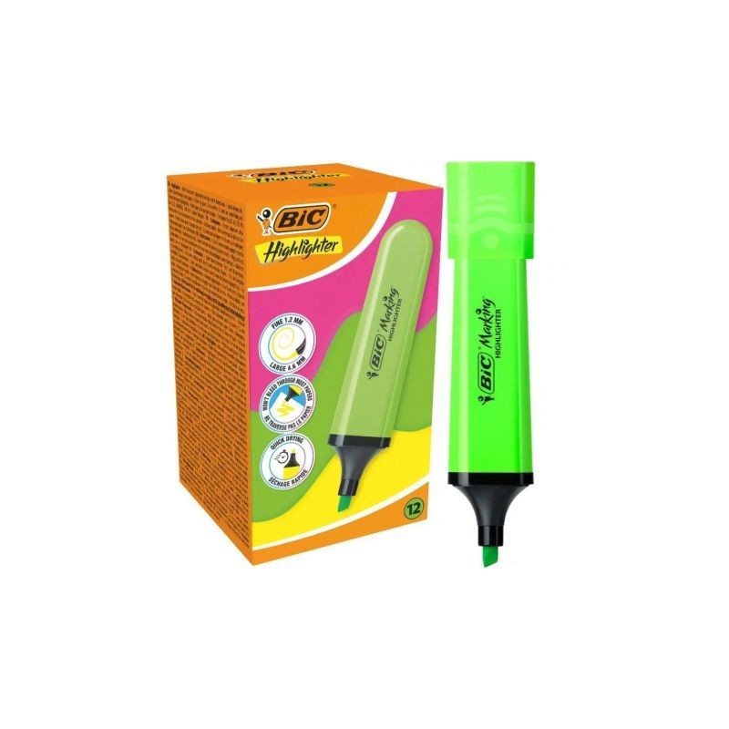 Caja de Marcadores Fluorescentes Bic Highlighter Flat Neón- 12 unidades- Verdes