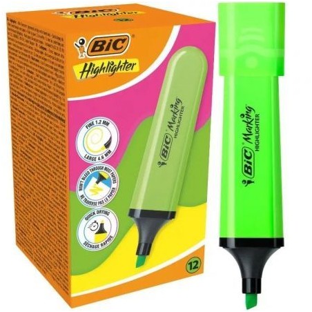 Caja de Marcadores Fluorescentes Bic Highlighter Flat Neón- 12 unidades- Verdes