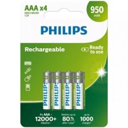 Pack de 4 Pilas AAA Philips R03B4A95-10- 1-2V- Recargables