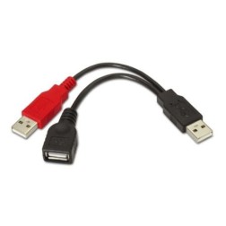 Cable USB 2-0 + Alimentación Aisens A101-0030- USB Hembra + USB Macho - USB Macho- Hasta 2-5W- 60Mbps- 15cm- Negro- Rojo