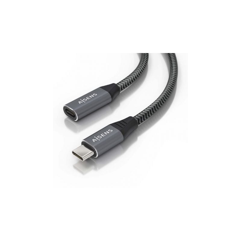 Cable Alargador USB 3-2 Aisens A107-0760- USB Tipo-C Macho - USB Tipo-C Hembra- Hasta 100W- 20Gbps- 50cm- Gris