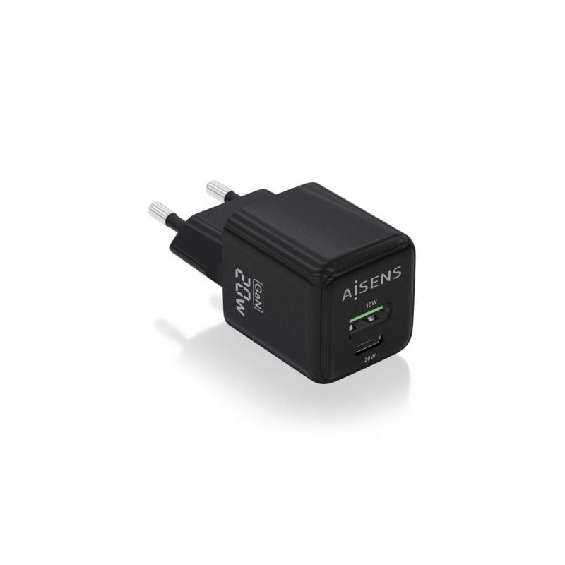 Cargador Gan de Pared Aisens ASCH-20W2P011-BK- 1xUSB Tipo-C- 1xUSB- 20W