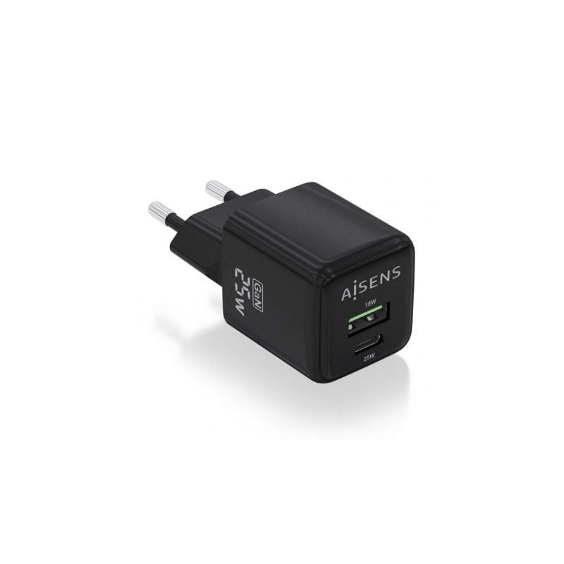 Cargador Gan de Pared Aisens ASCH-25W2P015-BK- 1xUSB Tipo-C- 1xUSB- 25W