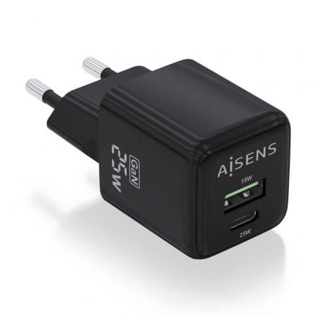 Cargador Gan de Pared Aisens ASCH-25W2P015-BK- 1xUSB Tipo-C- 1xUSB- 25W