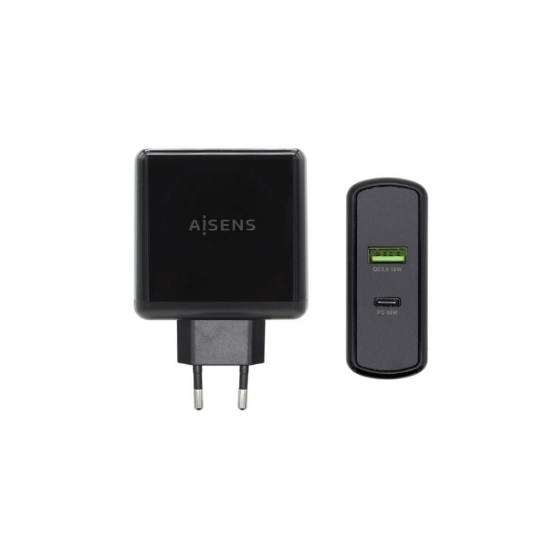 Cargador de Pared Aisens ASCH-2PD30QC-BK- 1xUSB Tipo-C- 1x USB- 48W