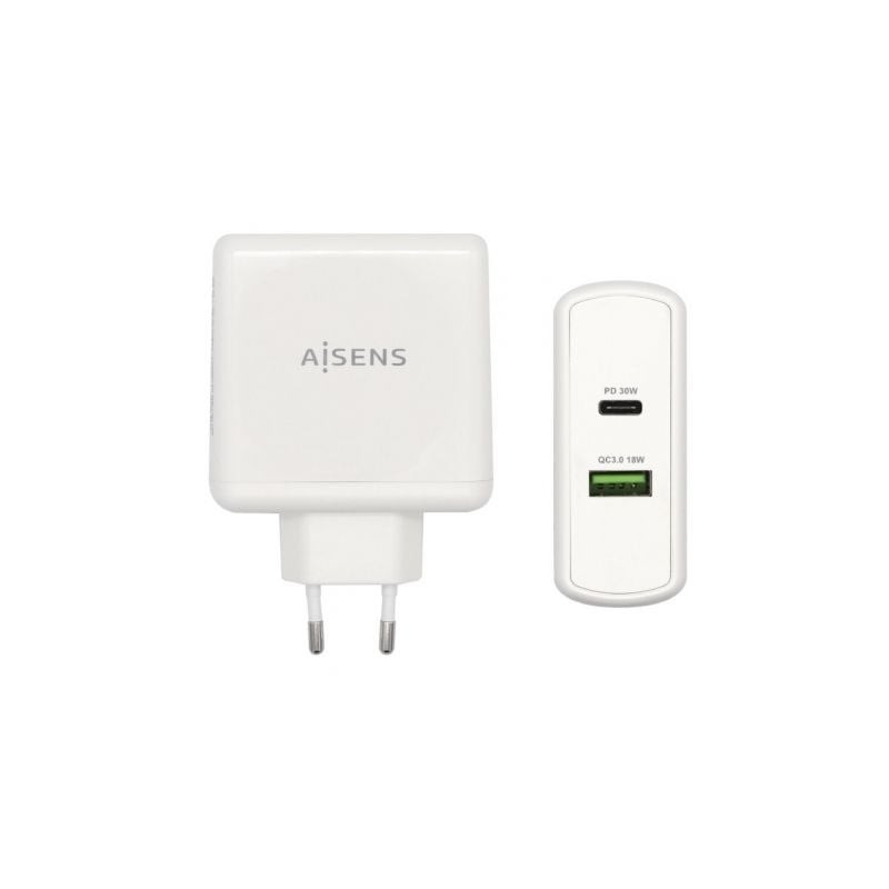 Cargador de Pared Aisens ASCH-2PD30QC-W- 1xUSB Tipo-C- 1x USB- 48W