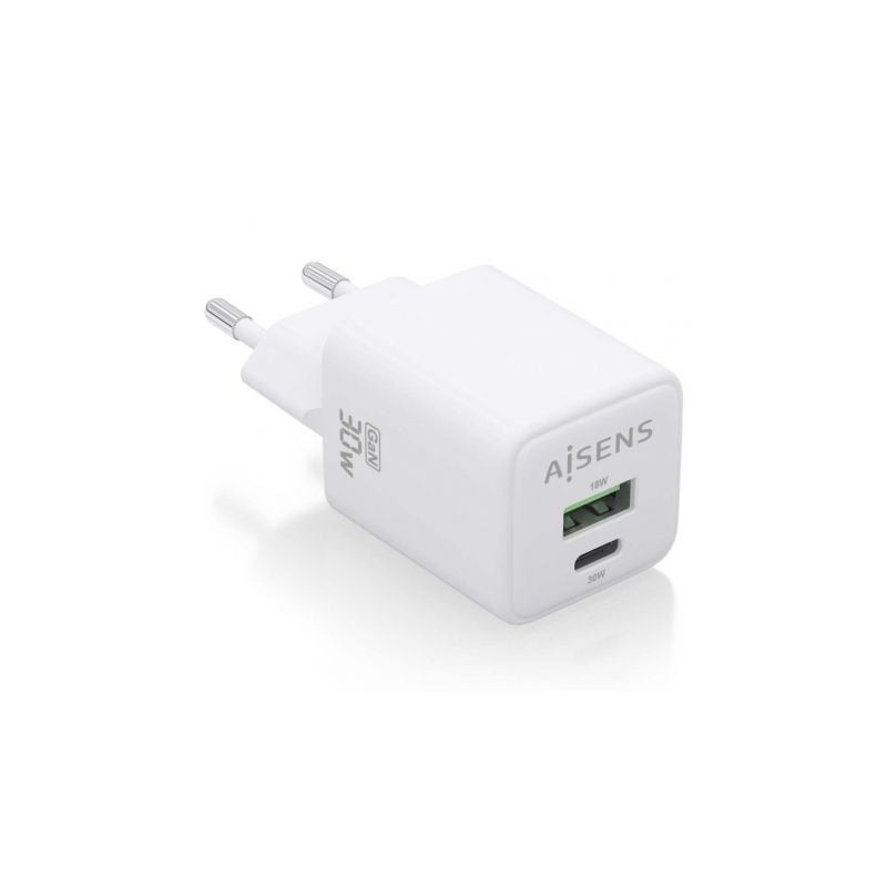 Cargador Gan de Pared Aisens ASCH-30W2P037-W- 1xUSB Tipo-C- 1xUSB- 30W