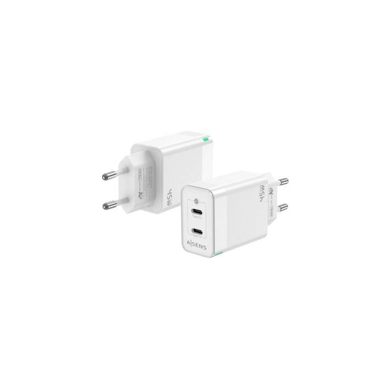 Cargador Gan de Pared Aisens ASCH-45W2P005-W- 2xUSB Tipo-C- 45W