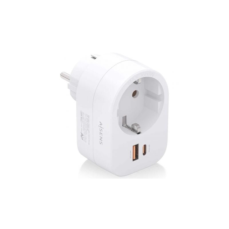 Enchufe Aisens ASPS-1A1C06-W- 1 Toma de Corriente- 1 USB Tipo-C PD- 1 USB- Blanco