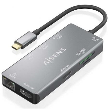 Docking USB Tipo-C Aisens ASUC-9P018-GR- 2xHDMI- 3xUSB- 1xRJ45- 1xLector Tarjetas- 1xUSB Tipo-C PD- Gris