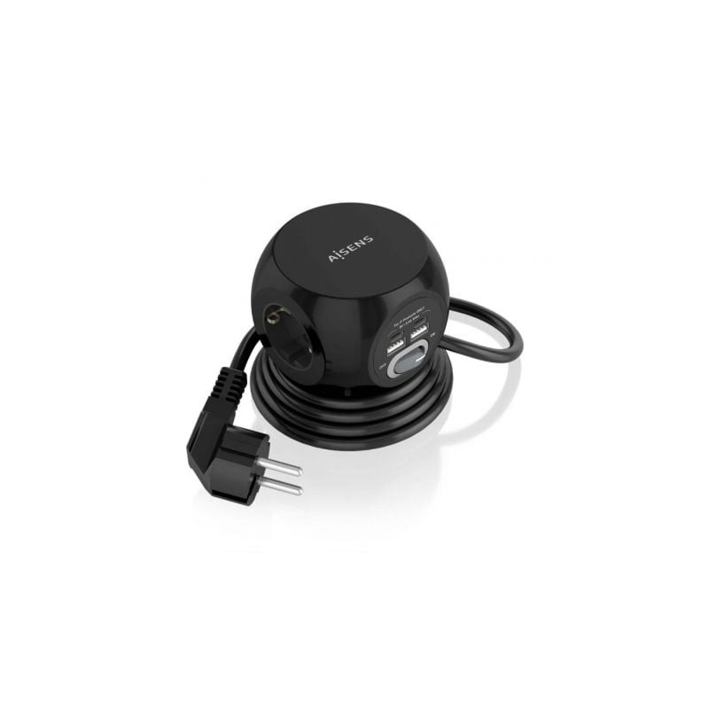 Regleta con Interruptor Aisens ASPS-2A2C05-BK- 3 Tomas de Corriente- 2 USB Tipo-C- 2 USB- Cable 1-4m- Negro