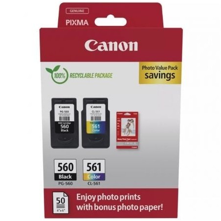 Cartucho de Tinta Original Canon PG-560 + CL-561 Multipack- Negro- Tricolor + Papel Fotográfico