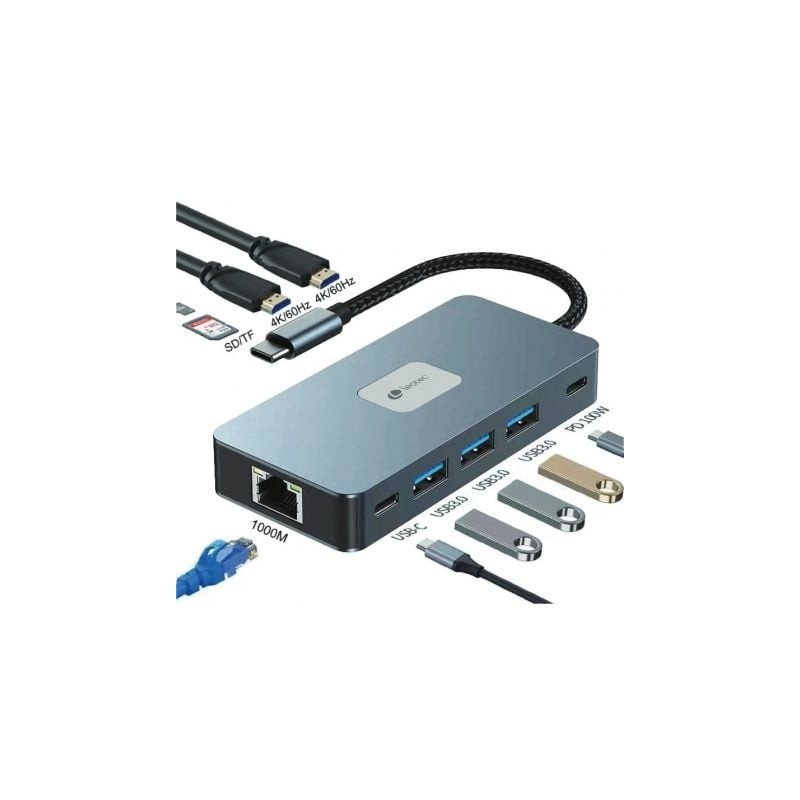 Docking USB Tipo-C Leotec LEDS02- 3xUSB- 1xUSB Tipo-C- 1xUSB Tipo-C PD- 2xHDMI 4K- 1xRJ45- 1xLector Tarjetas SD y MicroSD- Gris