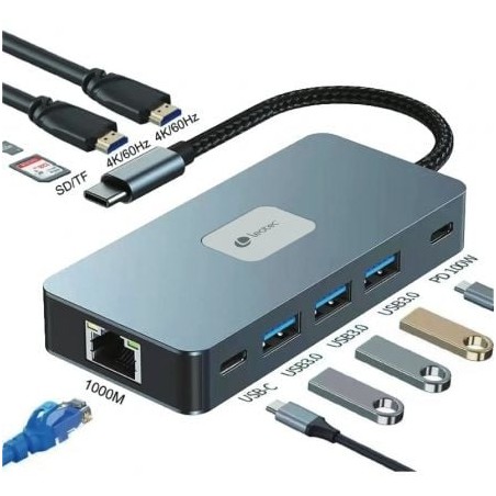 Docking USB Tipo-C Leotec LEDS02- 3xUSB- 1xUSB Tipo-C- 1xUSB Tipo-C PD- 2xHDMI 4K- 1xRJ45- 1xLector Tarjetas SD y MicroSD- Gris