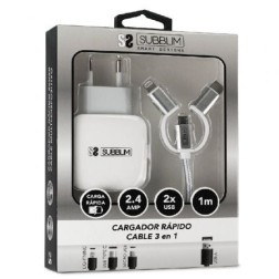 Cargador de Pared Subblim SUB-CHG-1ZWC01- 2xUSB + Cable 3 en 1- 12W- Blanco