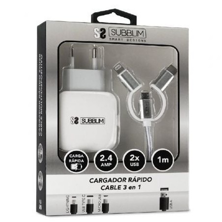 Cargador de Pared Subblim SUB-CHG-1ZWC01- 2xUSB + Cable 3 en 1- 12W- Blanco