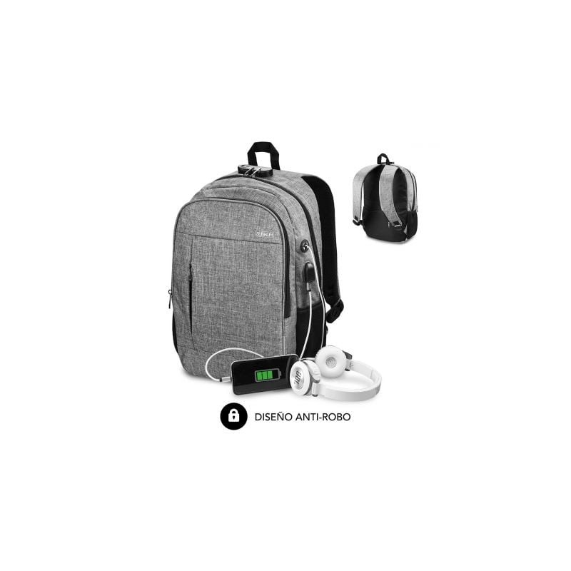 Mochila Subblim Urban Lock para Portátiles hasta 16"- Puerto USB- Antirrobo- Gris