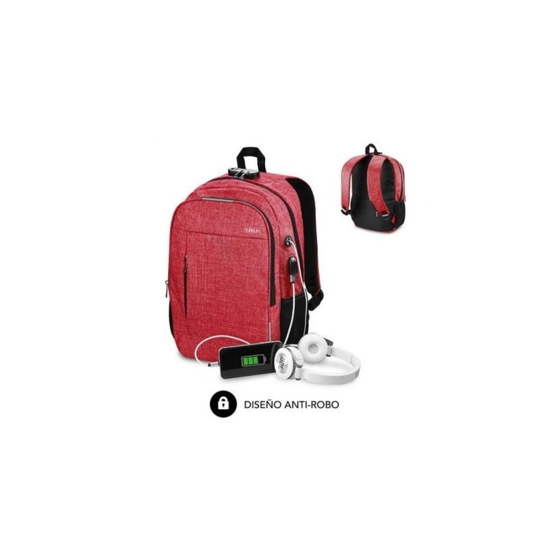 Mochila Subblim Urban Lock para Portátiles hasta 16"- Puerto USB- Antirrobo- Rojo