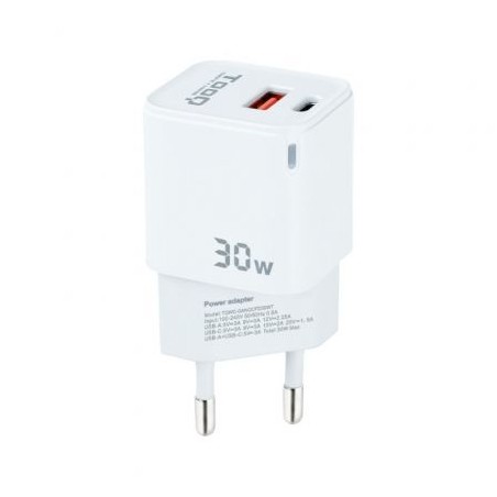 Cargador de Pared TooQ TQWC-GANQCPD30WT- 1xUSB Tipo-C- 1xUSB- 30W