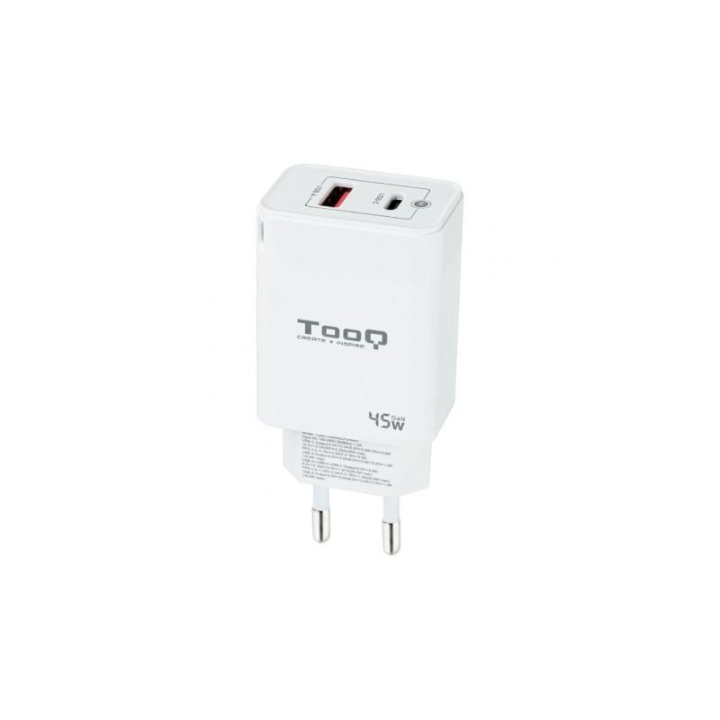 Cargador de Pared TooQ TQWC-GANQCPD45WT- 1xUSB Tipo-C- 1xUSB- 45W