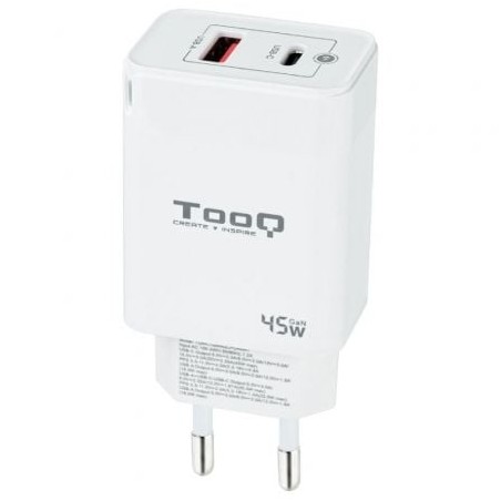 Cargador de Pared TooQ TQWC-GANQCPD45WT- 1xUSB Tipo-C- 1xUSB- 45W