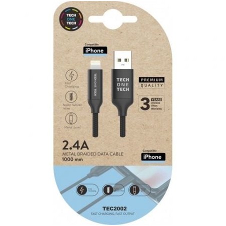 Cable USB 2-0 Tech One Tech TEC2002- USB Macho - Lightning Macho- 1m- Negro