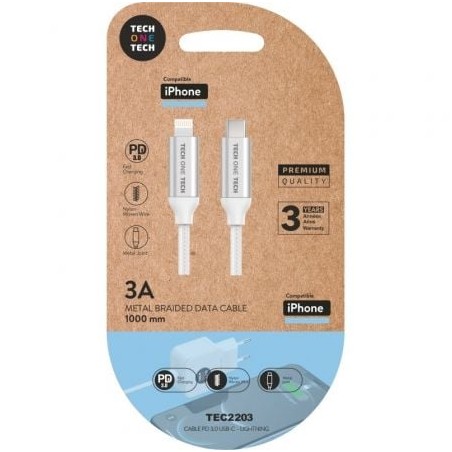 Cable Lightning Tech One Tech TEC2203- Lightning Macho - USB Tipo-C Macho- 1m- Blanco