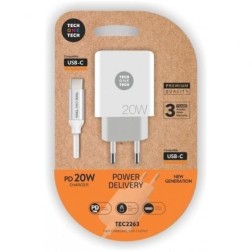 Cargador de Pared Tech One Tech TEC2263- 1xUSB Tipo-C + Cable USB Tipo-C- 3A- Blanco