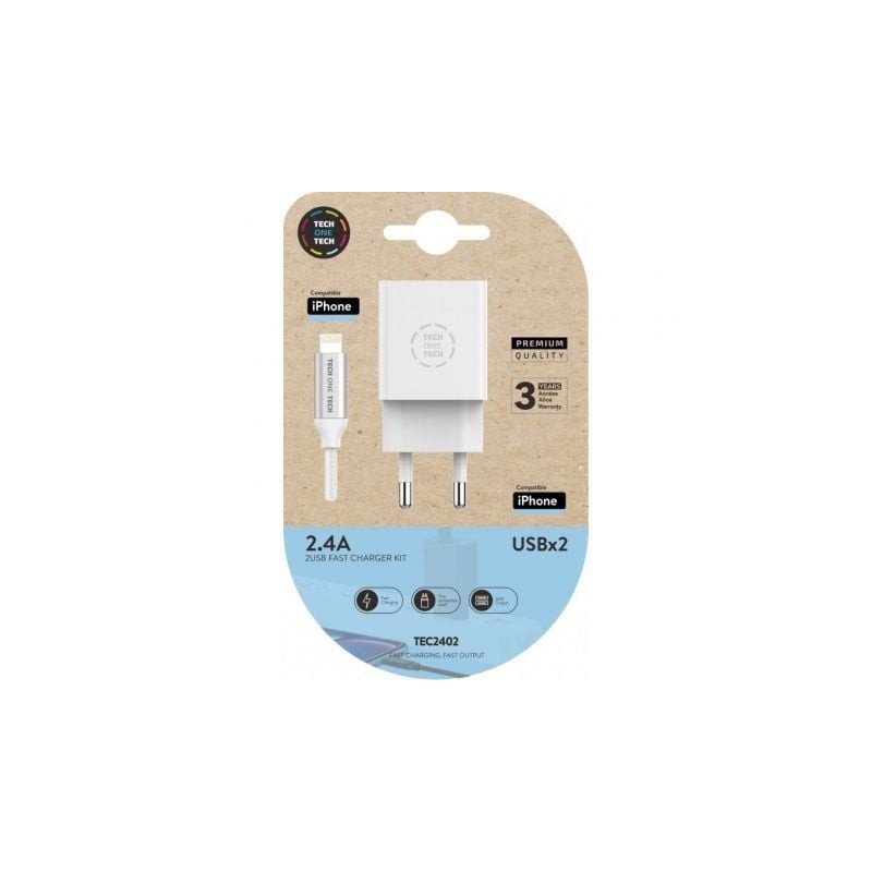 Cargador de Pared Tech One Tech TEC2402- 2xUSB + Cable Lightning- 2-4A- Blanco