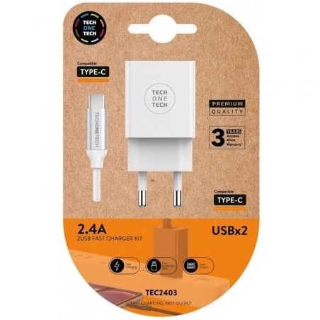 Cargador de Pared Tech One Tech TEC2403- 2xUSB + Cable USB Tipo-C- 2-4A- Blanco