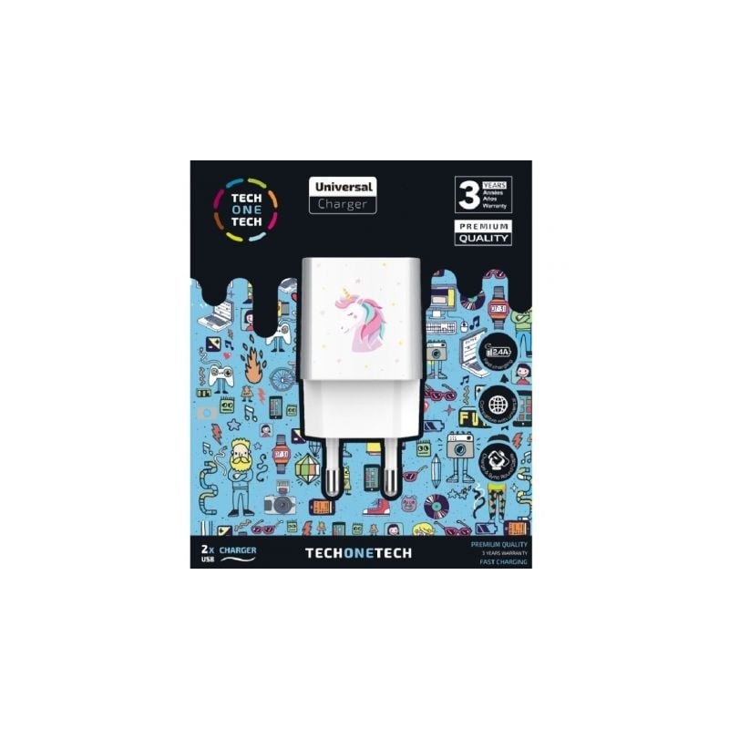 Cargador de Pared Tech One Tech Unicornio Dream- 2xUSB- 2-4A- Blanco