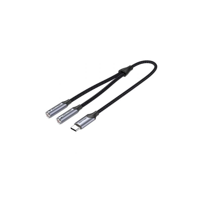 Cable Conversor USB Tipo-C Vention BGPHY- USB Tipo-C Macho - 2x Jack 3-5 Hembra- 30cm- Gris