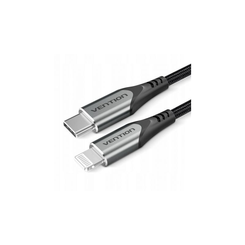 Cable USB 2-0 Tipo-C Lightning Vention TACHF- USB Tipo-C Macho - Lightning Macho- Hasta 27W- 480Mbps- 1m- Gris