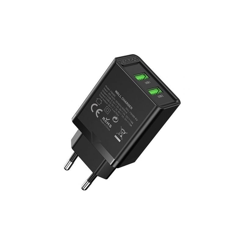 Cargador de Pared Vention FBAB0-EU- 2xUSB- 18W- Negro