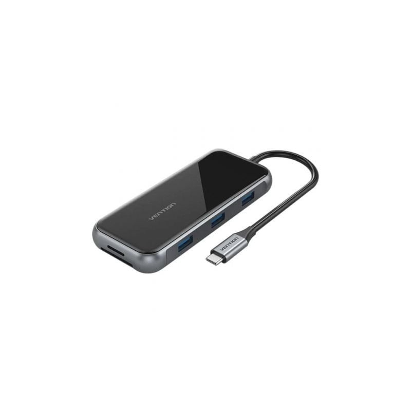 Docking USB Tipo-C Vention TFLHB- 1xHDMI 4K- 3xUSB- 1xRJ45- 1xLector de Tarjetas- 1xTRRS 3-5- 1xUSB Tipo-C PD- Gris