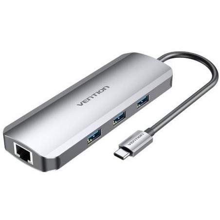 Docking USB Tipo-C Vention TOLHB- 1xHDMI- 3xUSB- 1xUSB Tipo-C PD- 1xRJ45- 1xLector Tarjetas SD- 1x MicroSD- Jack 3-5- Gris