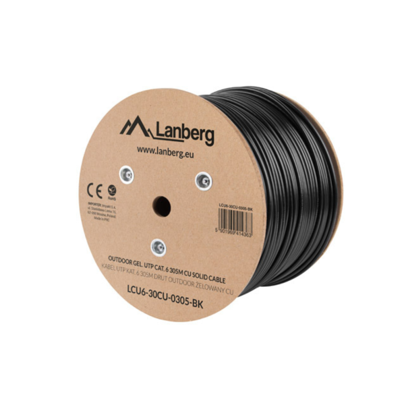 BOBINA CABLE RED LANBERG EXTERIOR UTP RJ45 CAT-6 GEL-FILLED CU AWG24 305M NEGRO