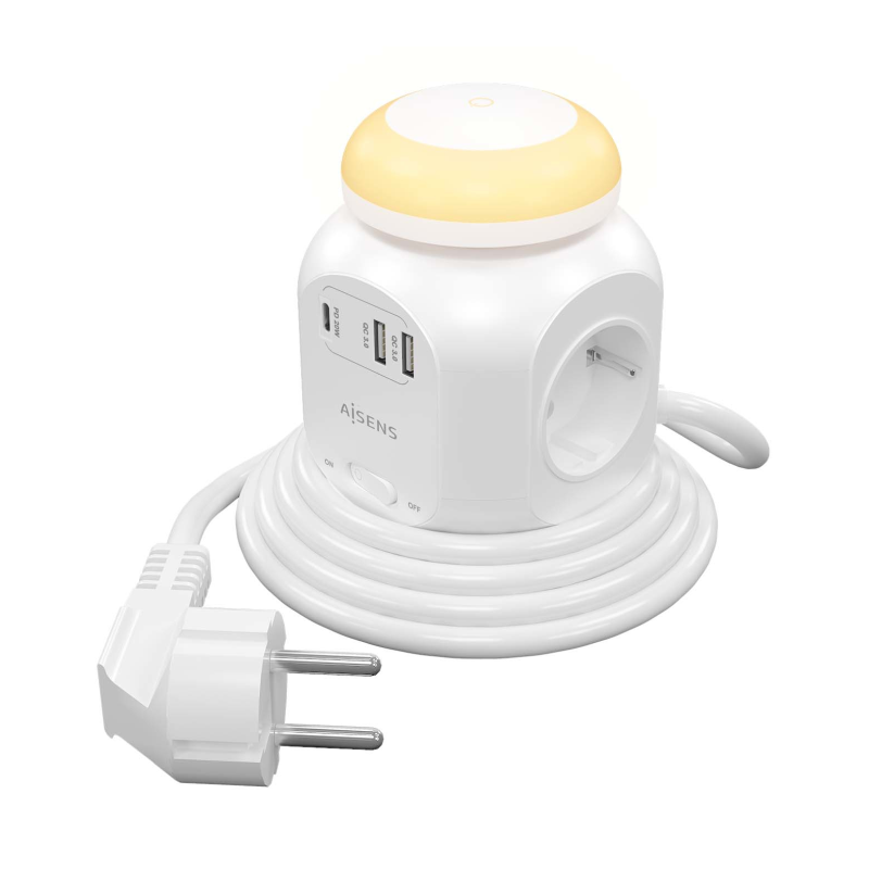 Regleta con Interruptor y Luz Nocturna Aisens ASPS-2A1CLPQ02-W- 4 Tomas de Corriente- 1 USB Tipo-C PD- 2 USB- Cable 1-8m- Blanco