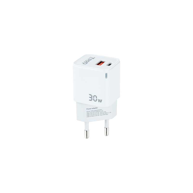 Cargador de Pared TooQ TQWC-GANQCPD30WT- 1xUSB Tipo-C- 1xUSB- 30W