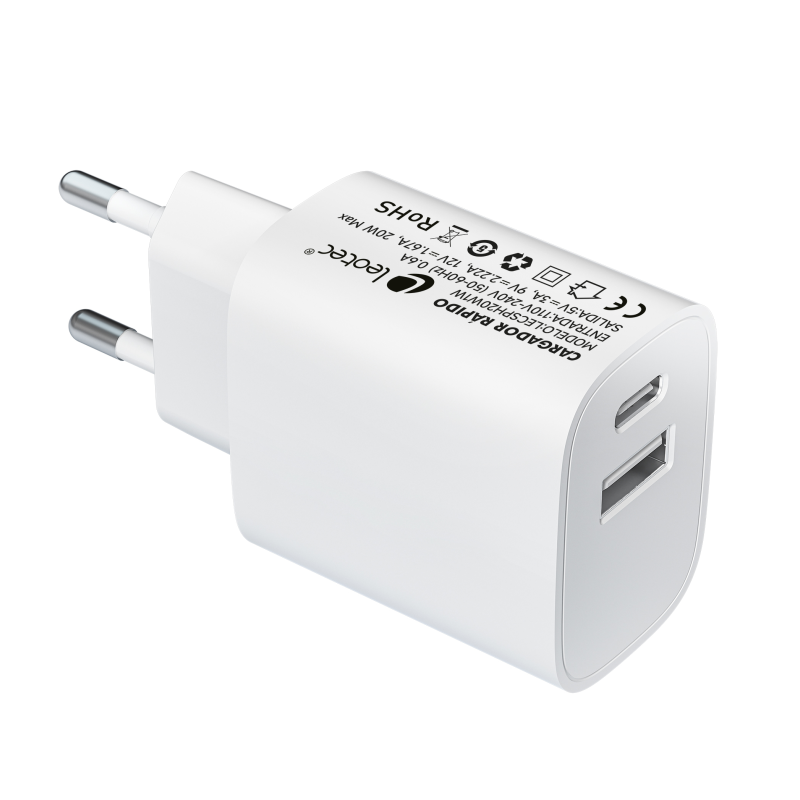 LEOTEC CARGADOR 20W CARGA RAPIDA 1 USB TIPO-C PD 1 USB-A BLANCO