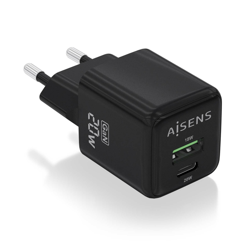 CARGADOR GAN AISENS 20W 1XUSB-C PD3-0 QC4-0 1XUSB-A QC3-0 NEGRO