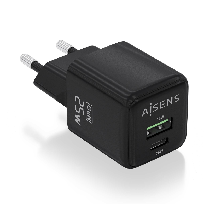 CARGADOR AISENS GAN 25W 1XUSB-C PD3-0 QC4-0 1XUSB-A QC3-0 NEGRO