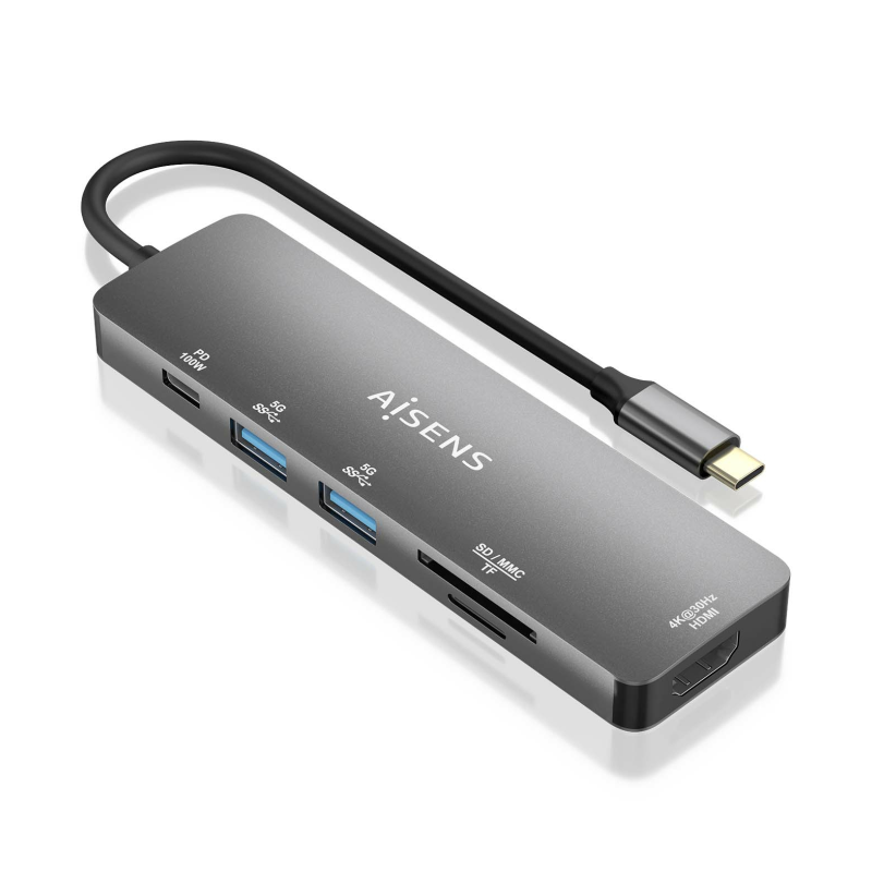 Docking USB Tipo-C Aisens ASUC-6P016-GR- 1xHDMI- 2xUSB- 1xLector Tarjetas- 1xUSB Tipo-C PD- Gris