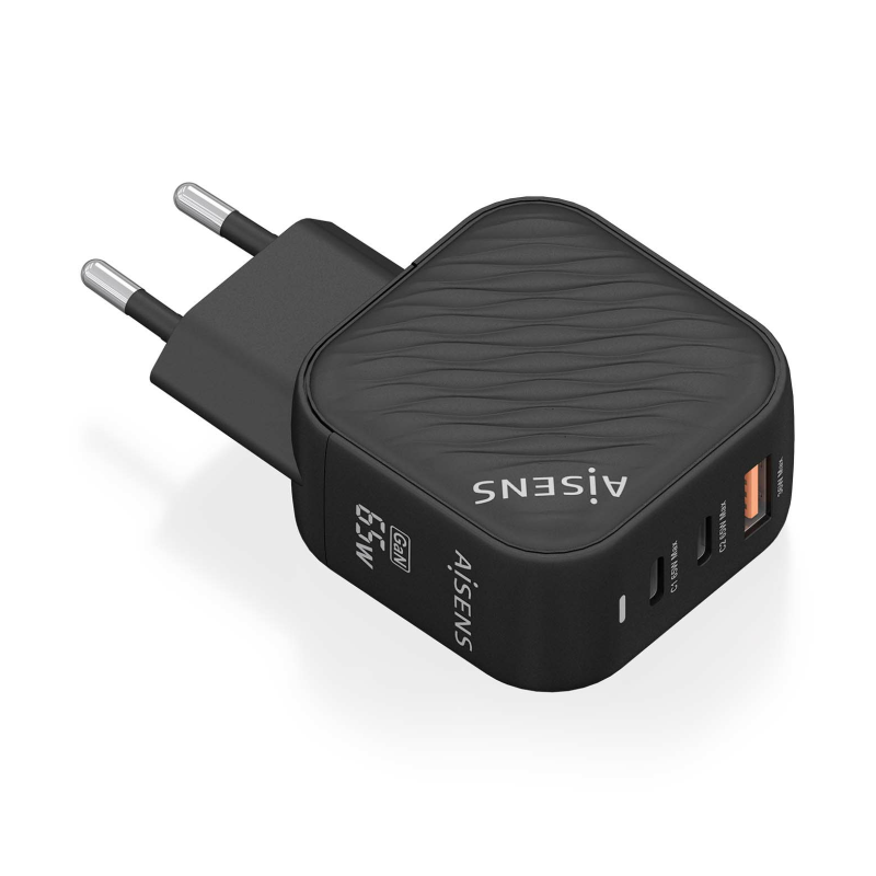 CARGADOR AISENS GAN 65W 2XUSB-C PD3-0 QC4-0 1XUSB-A QC3-0 NEGRO